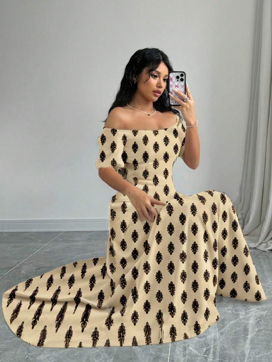 Elenzga 印花露肩蝴蝶结腰带A字长裙女装 - 卡其色 - 查看 1