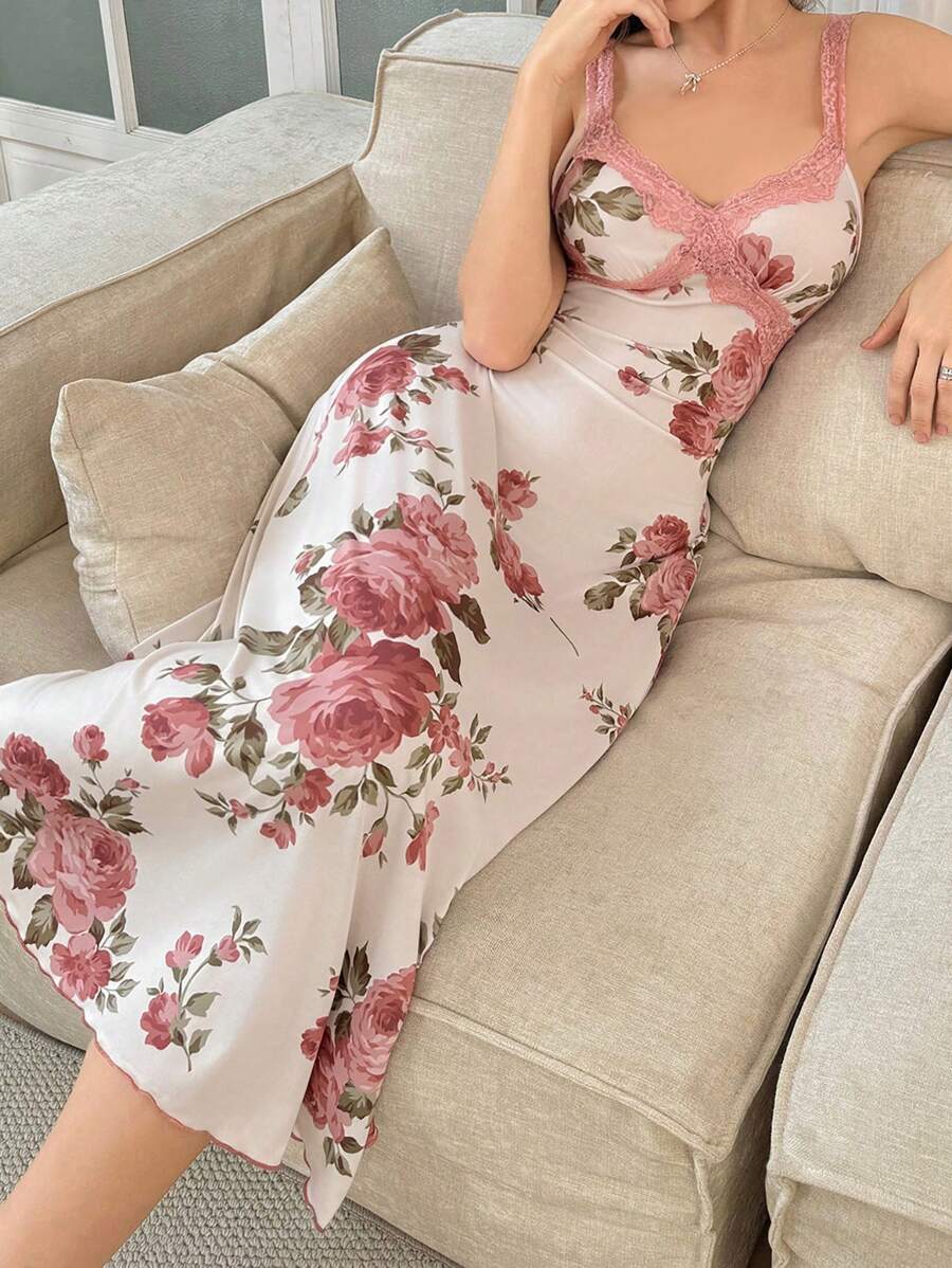 SHEIN Váy ngủ dài dây mảnh in hoa ren màu tương phản cho nữ - Hồng - Xem 1