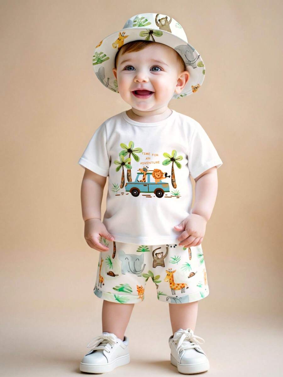 SHEIN Playful Pals Set 2 Potong Baju Hoodie Lengan Pendek dan Celana Pendek Bermotif untuk Bayi & Balita Laki-laki, Musim Semi/Panas - MultiWarna - View 1