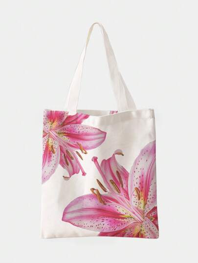 Kawaii 1 pieza Bolso de tela casual/de viaje con estampado floral doble cara, 2 grandes motivos florales, color rosa