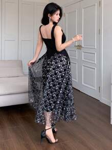 DAZY 女士无袖亮片拼接连衣裙，正式女士礼服，奢华舞会礼服，优雅女士礼服，闪亮连衣裙 - 黑色 - 查看 2