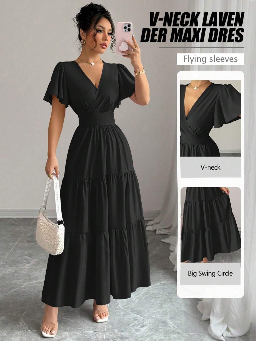 Selianne 2025春夏新品法式收腰高端紫色短袖连衣裙 - 黑色 - 查看 1