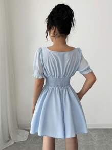 Elenzga New Season French Style Blue Square Neck Fashionable Luxurious High-End Chic Cinched Waist Elegant Puff Sleeve Dress For Summer - Baby Blue - View 2