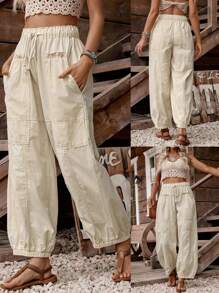 LanaWest 女式系带纯色休闲牛仔长裤 - 杏色 - 查看 1