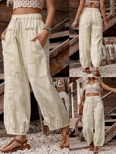 SHEIN Tall 女式系带纯色休闲牛仔裤