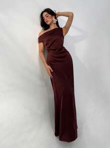 Aloruh 女士优雅鸡尾酒舞会婚礼宾客礼服音乐节音乐会节日通勤派对毕业礼服 Ankola 红色连衣裙勃艮第缎不对称领无袖长裙 - 紅木色 - 查看 9