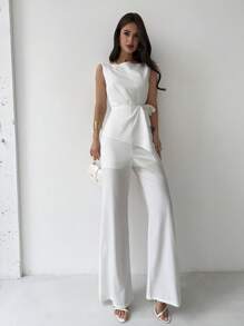 Firerie 女士优雅休闲白色无袖腰部不对称荷叶边下摆连体裤，适合日常、通勤、夏季外出，全白女装 - 白色 - 查看 6