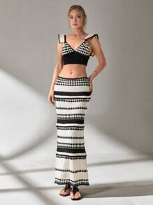 SHEIN Cottnline Women Top And Skirt Openwork Sweater Cover Up Set - Black and White - View 3