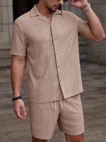 Manfinity RelaxMax Conjunto de camisa de manga corta con botones delanteros y pantalones cortos de unicolor para hombre - Caqui - Ver 4