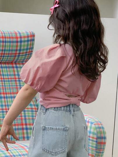 Hapijoa 年轻女孩夏季纯色圆领短款泡泡袖休闲粉色T恤