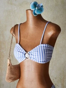 SHEIN ICON 女士夏季沙滩金属环装饰条纹比基尼套装 - 藍白色 - 查看 5