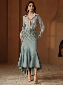 Anewsta Áo cánh tua rua thời trang thanh lịch dành cho nữ - Màu xanh bụi bặm - Xem 5