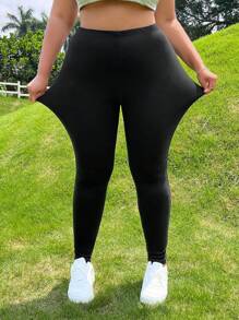 SHEIN EZwear Plu Elastic Waist Leggings - Black - View 1