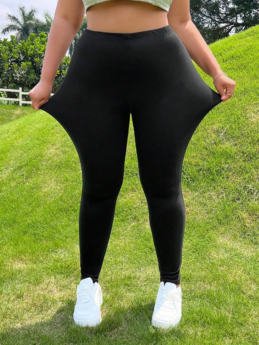 SHEIN EZwear Plu Elastic Waist Leggings - Black - View 1