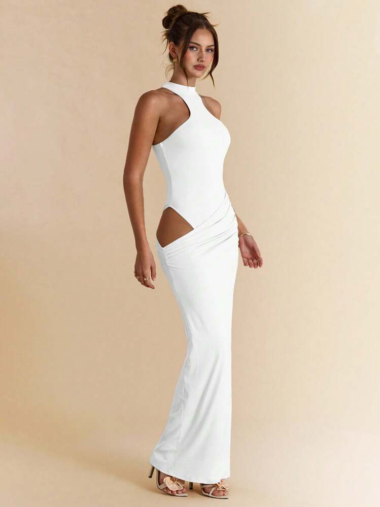 SHEIN BAE שמלת מיני אסימטרית ללא שרוולים בצבע אפרסק, גזרה חלקה, שמלת מקסי אלגנטית לחופשה, חוף, אורחי חתונה - לבן - ראה 5