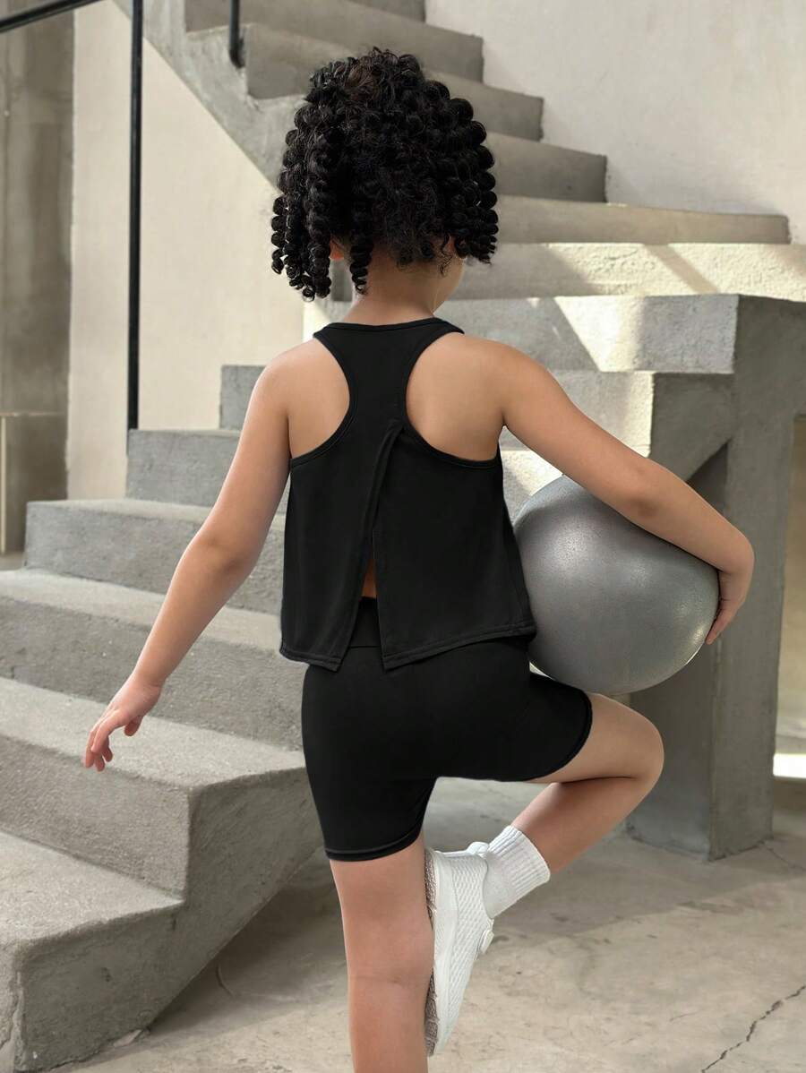 SHEIN Set de 2 piezas de chaleco y shorts deportivos de punto de unicolor y ajuste ceñido para niña joven - Negro - Ver 1