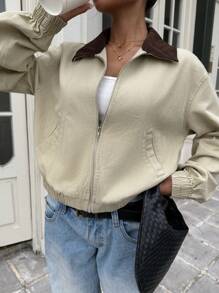 SHEIN EZwear Áo khoác dài tay trễ vai dệt màu cho nữ có khóa kéo phía trước - Màu Khaki - Xem 2