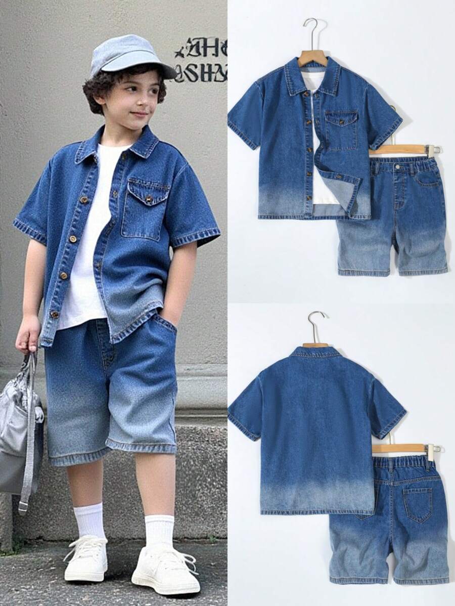 Tween Bos Denim Two Pieces Outfits Set - Medium Wash - View 1
