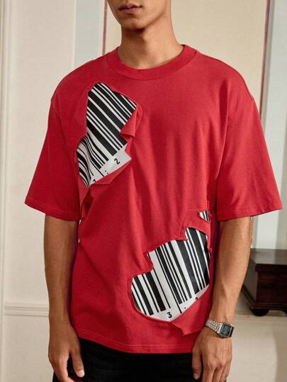 Manfinity VCAY Standard Size Men's Fashion Casual Loose Dropped Shoulder Red Patchwork Pattern Distressed T-Shirt, Summer