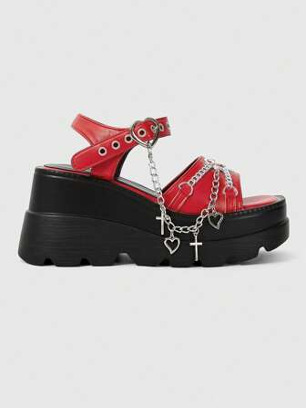 Grunge Punk Sandalias informales de plataforma con acento de cadena gruesa gótica roja, nuevas llegadas del verano 2024