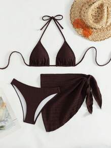 SHEIN Swim 女士夏季沙滩纯色露背性感比基尼泳装套装，带罩衫和半裙，3 件套 - 棕色 - 查看 1