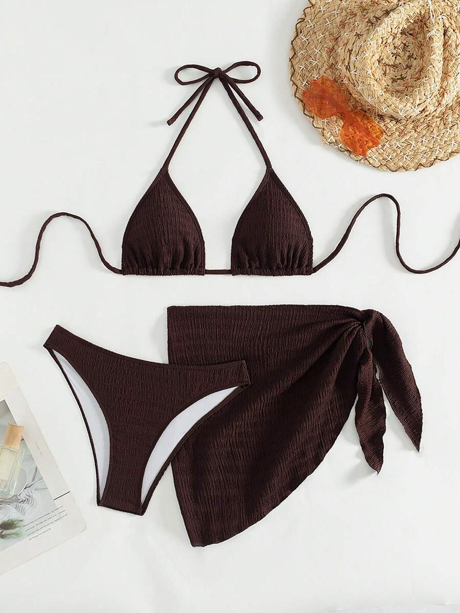 SHEIN Swim 女士夏季沙滩纯色露背性感比基尼泳装套装,带罩衫和半裙,3 件套 - 棕色 - 查看 1