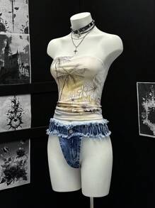 EgrlEra 低腰磨边性感牛仔短裤 - 深色水洗藍 - 查看 6