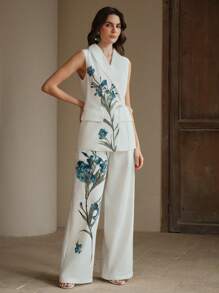 Anewsta Elegant Collar Ribbon Waist Fitted Sleeveless Women Jacket - White - View 1