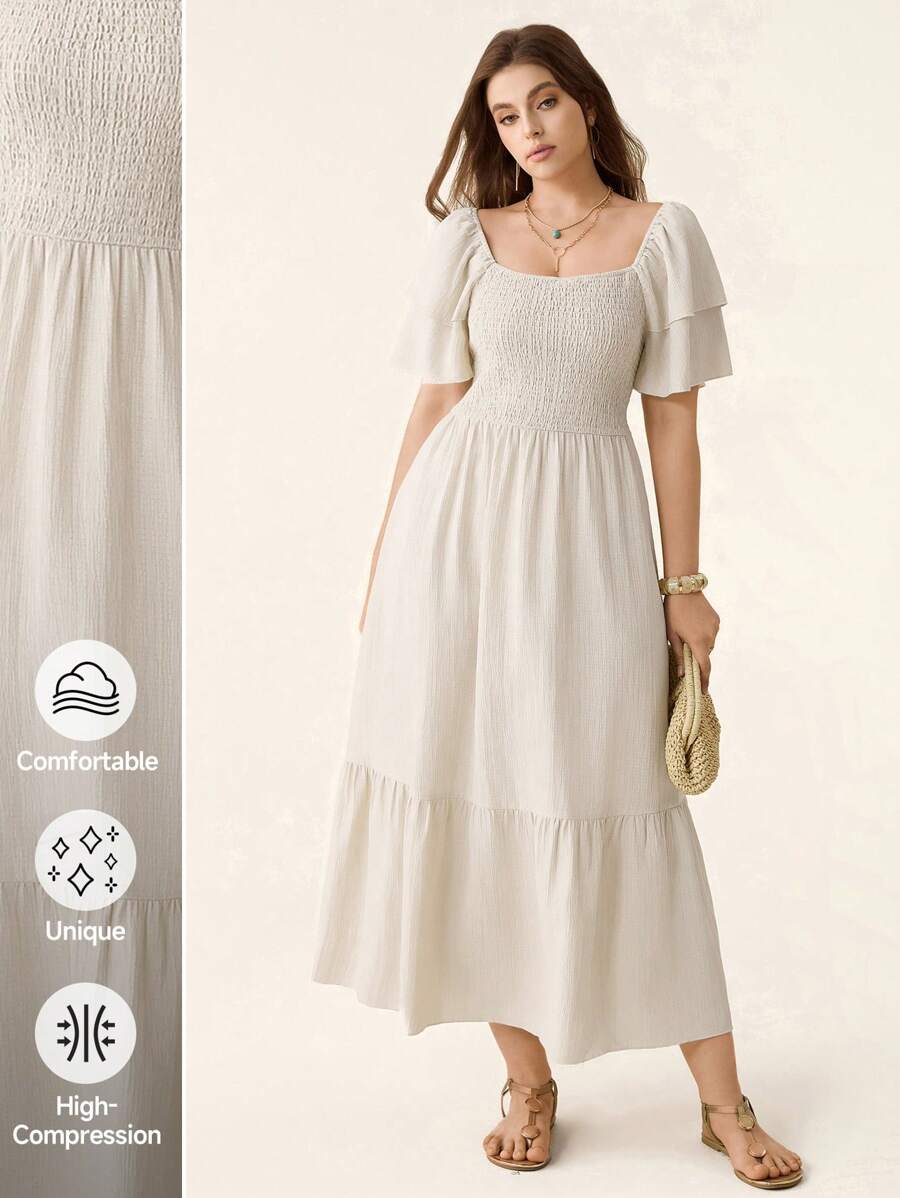 Comfylo Vestido de manga corta con cuello cuadrado, volantes y fruncidos en la Bottom, talla grande, unicolor, cómodo y holgado, estilo bohemio, ideal para el Día de la Madre, graduación, verano, vestido fluido blanco, atuendos de vacaciones y playa para mujer, atuendos de vacaciones, vestidos de sol para mujer - Albaricoque - Ver 1