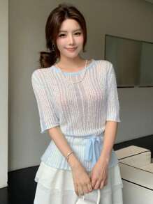 DAZY Women's Contrast Color Crochet Hollow Out Lace Mesh Pullover Short Sleeve Knitted Top With Tie Details, Spring/Summer - Blue - View 5