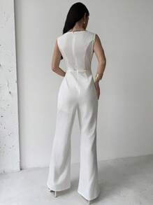 Firerie 女士优雅休闲白色无袖腰部不对称荷叶边下摆连体裤，适合日常、通勤、夏季外出，全白女装 - 白色 - 查看 4