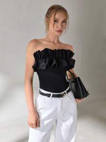 Solid Y2k Cotton Ruffle Trim Tube Top - Black - View 3