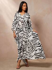 透明雪纺抽象印花 V 领卡夫坦连衣裙 - 黑與白 - 查看 3