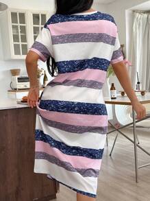 SHEIN Robe de nuit décontractée à col rond et manches courtes, rayures colorées pour femmes