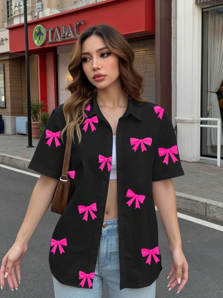 SHEIN Bubbli ผ้าเบลาส์แขนสั้นตกแต่งโบว์ลายพิมพ์ สำหรับผู้หญิง, ฤดูร้อน - มัลติคัลเลอร์ - ดู 4