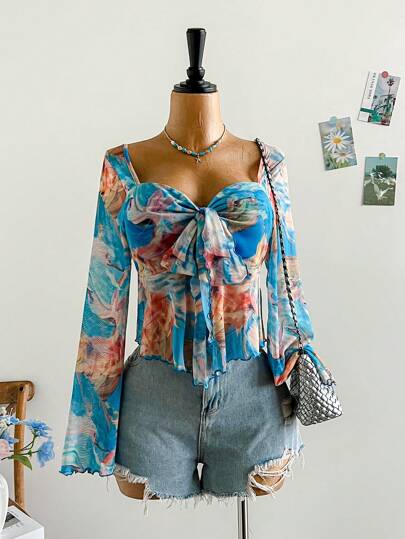 Dreamara 大码女式度假毕业返校秋季度假扎染花卉印花系带长袖牛仔嬉皮上衣夏季波西米亚风上衣