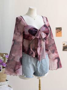 Soleia 大码女式返校甜心领喇叭长袖娃娃装上衣，度假风 - 紅色 - 查看 6