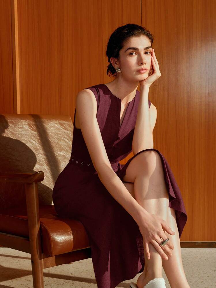 Uhlyne 女士休闲优雅无袖亚麻中长连衣裙（配系带腰带） - 酒紅色 - 查看 4