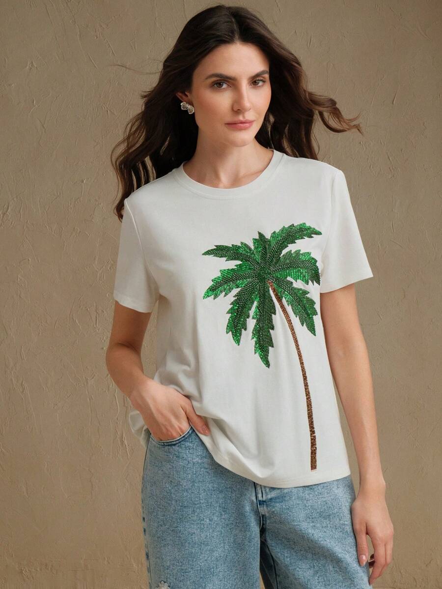 Anewsta 女士时尚度假优雅海滩椰子树亮片刺绣装饰 T 恤，适合夏季节日外出度假 - 綠色 - 查看 1