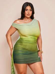 SHEIN BAE 大码女式春夏度假海滩优雅露肩丝带绿色渐变迷你连衣裙，夏季服装