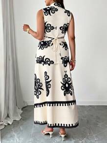SHEIN Tall Bộ đồ 2 món in kỹ thuật số dệt kim không tay buộc dây phía trước cỡ lớn cho nữ và chân váy midi bồng bềnh phong cách Bohemian, trang phục nghỉ dưỡng thường ngày - Màu be - Xem 2