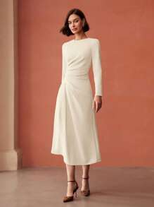 MOTF PREMIUM 褶饰拉链连衣裙 - 杏色 - 查看 5