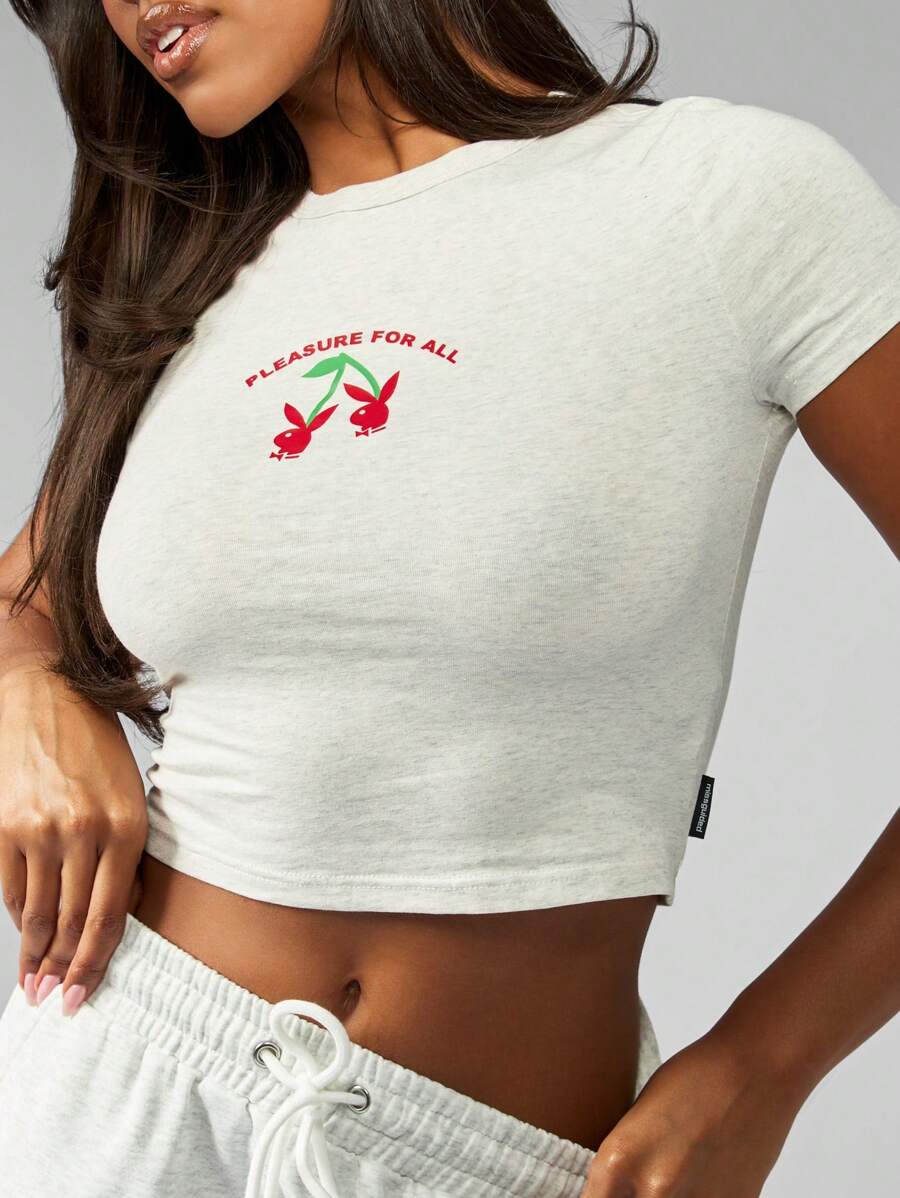 Missguided x Playboy 婴儿短款 T 恤夏季休闲棉质针织短袖短款家居服樱桃印花基本款运动时尚衬衫 - 灰色 - 查看 1