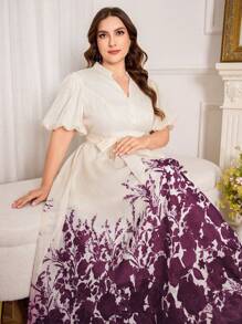 Modelyn 大码女式优雅印花收腰喇叭裙 - 酒紅色 - 查看 4