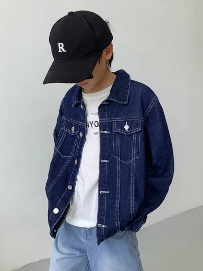 SHEIN 青少年男孩时尚休闲 Y2K 复古宽松舒适深蓝色水洗翻领长袖牛仔夹克，柔软舒适，适合日常穿着、春夏派对、音乐节和海滩穿着。