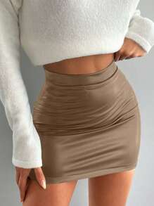 EURMUSE 素色PU皮革包臀半身裙 - 杏色 - 查看 5