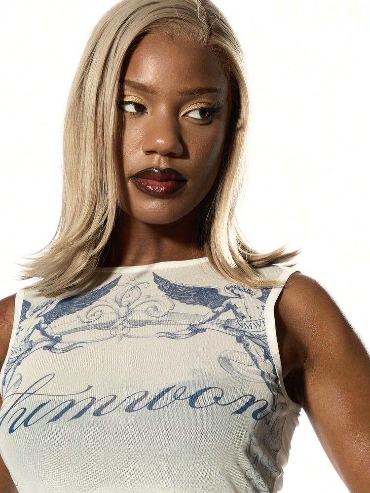 SUMWON Top de réservoir angélique style été, overlay en maille, imprimé graphique mode festival chic, esthétique moderne, streetwear