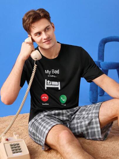 Notgurli Casual Cute "My Bed" Graphic Comfy Pullover T-Shirt For Young Men, Loungewear Sleeping Home Black And White White Summer