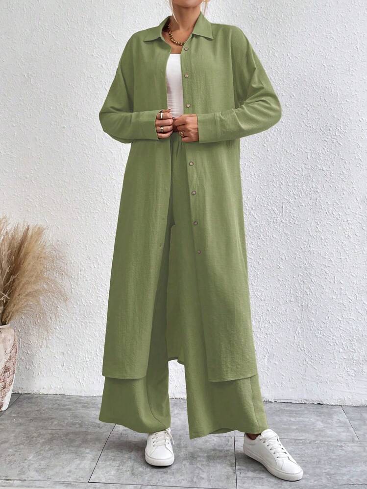 SHEIN LUNE Women Fashionable Loose And Comfortable Solid Color Two-Piece Set - Green - View 3