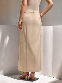 CLARA VERO 女士条纹牙签设计开衩下摆优雅中长裙 - 米色 - 查看 2